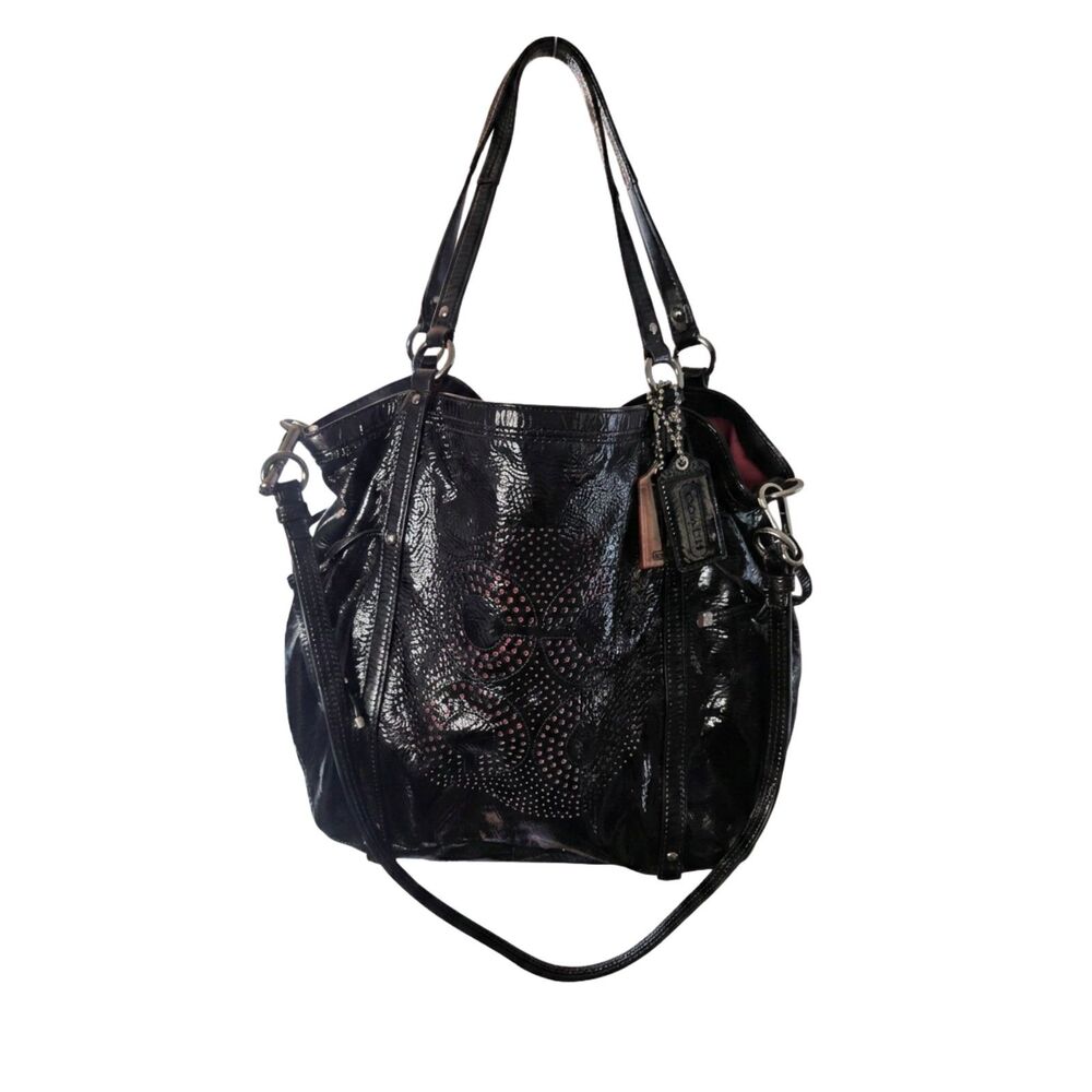 Coach Audrey Andie Perforated Patent Leather Cinched Tote Bag Black